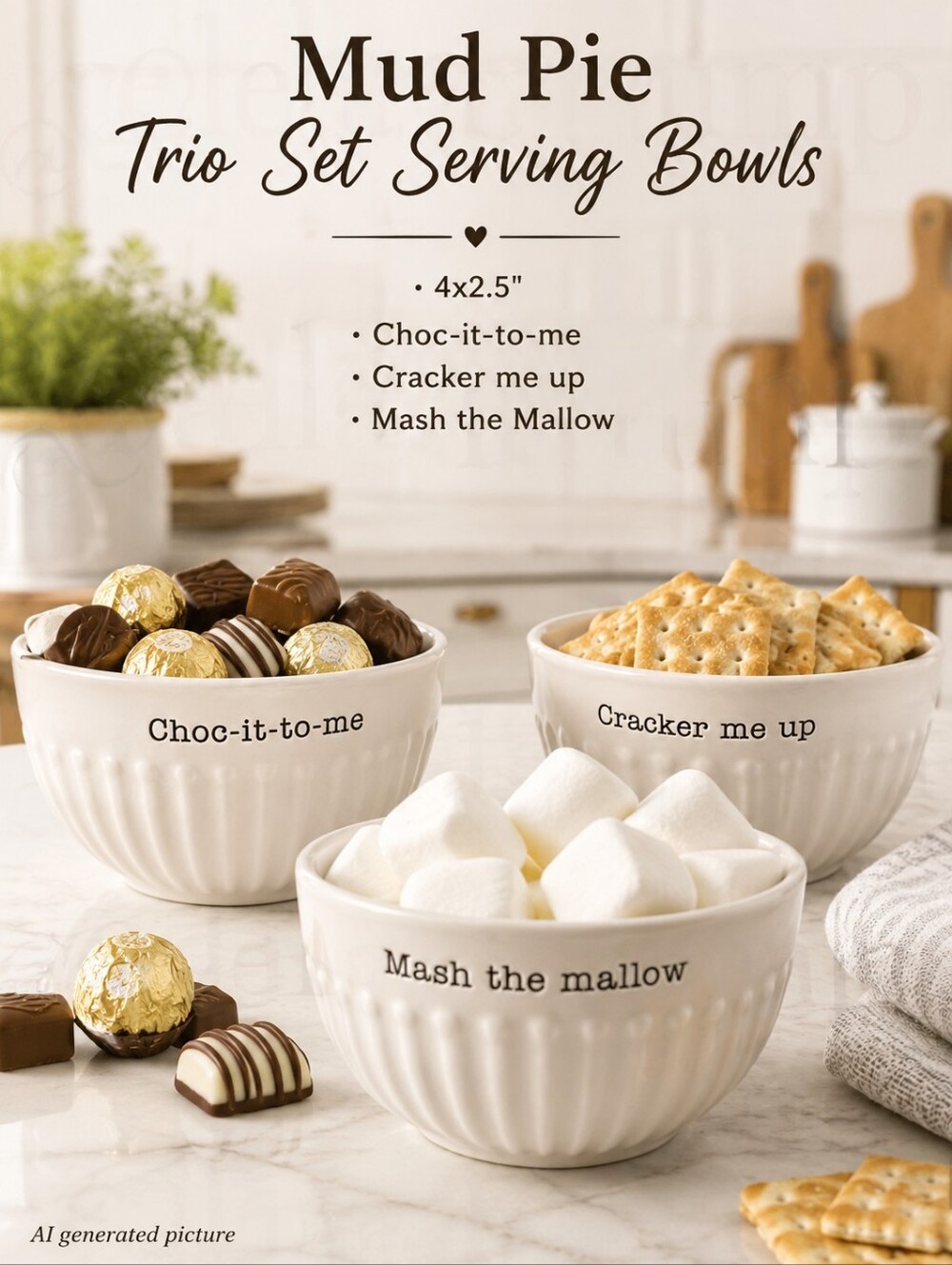 Mud Pie Trio Set Serving Bowls Choc-it-to-me Cracker me up Mash the Mallow